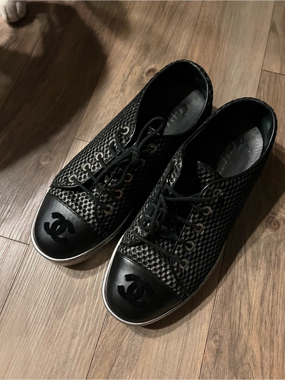 Chanel Black Leather & Woven Low-Top Sneakers